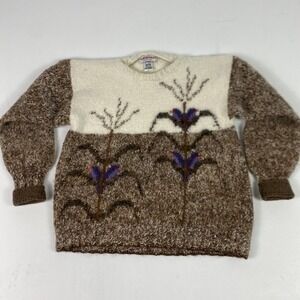 Makipi Sweater Womens XL Handmade Alpaca Crew Neck Floral Chunky Knit Peruvian